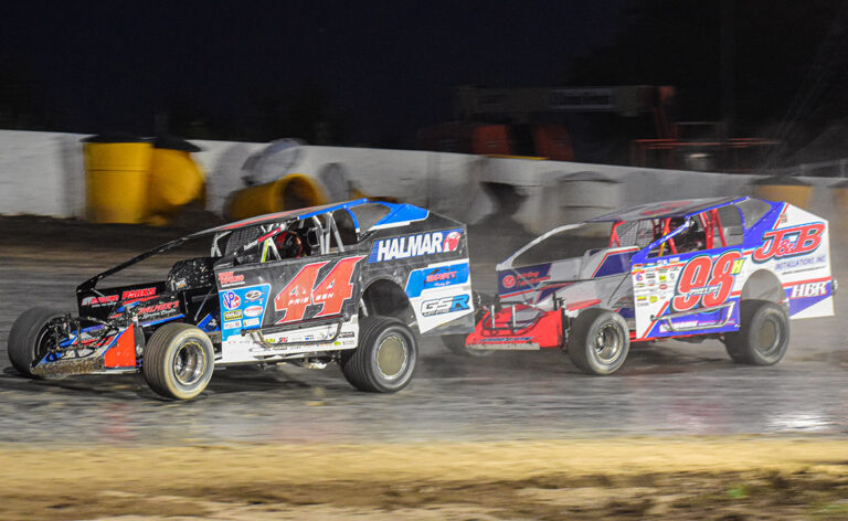 Stewart Friesen races Jimmy Phelps at Weedsport Speedway